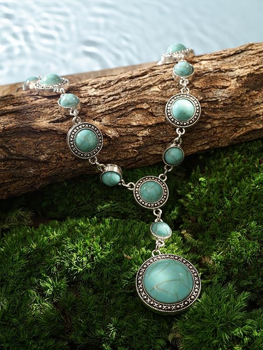 MINACHI Bohemian Created Turquoise Beaded Y-Necklace, Turquoise-toned Multi-shaped Pendant, Dainty Elegant Jewelry for Women