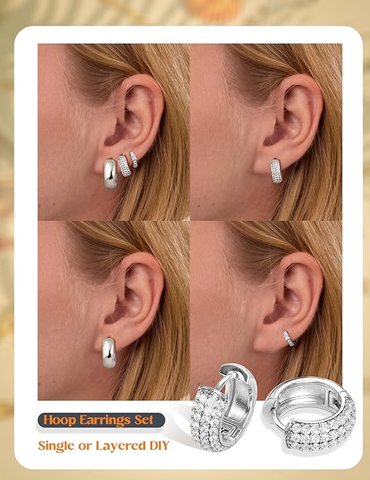 LOLIAS Small 14K Gold Plated Chunky Hoop Earrings for Women Hypoallergenic Silver Earrings Set for Sensitive Ears Non Tarnish Huggie Hoops Earring Stacks for Multiple Piercing Jewelry Lightweight 3Pairs