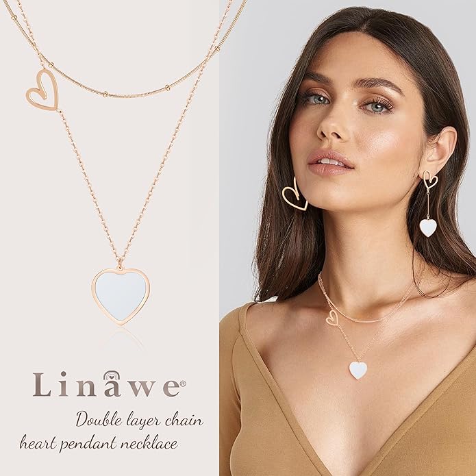Linawe Layered Choker Heart Pendant Necklace for Women Trendy, Gold/Silver/Rose Gold Chain Stainless Steel Stacked Necklaces, Double Heart Necklace Y2K Preppy Jewelry