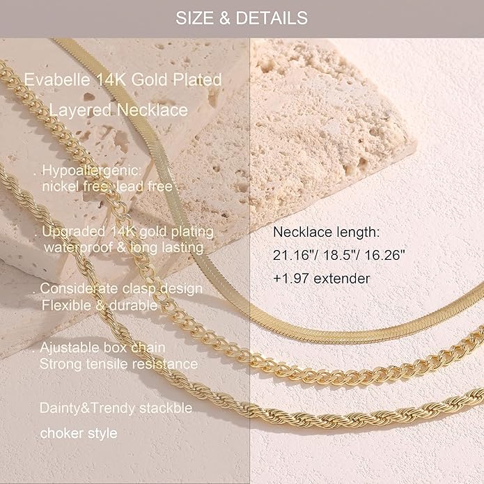 Evabelle Gold Layered Necklace for Women Trendy Jewelry 14K Real Gold Plated Chunky Chain Stackable Necklaces Dainty Choker Necklaces Rectangle Square Pendant