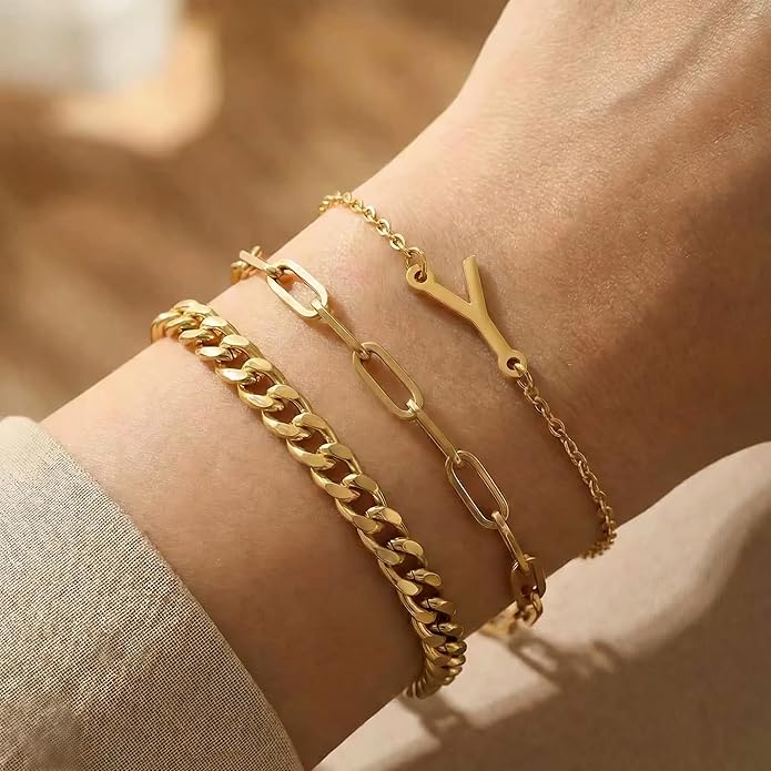 14K Gold Plated Bracelets for Women, A–Z Initial Charm Bangles Jewelry Set, Elegant Gold Accessories, Friendship Bracelet Gifts for Mom