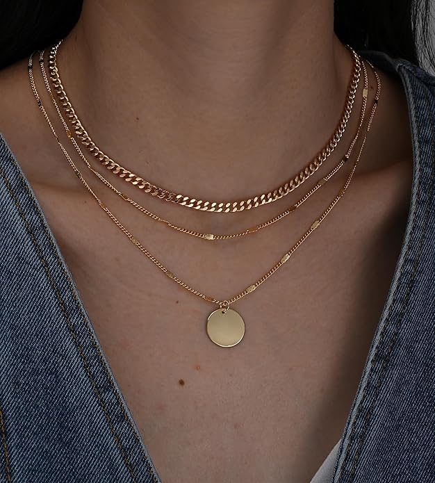 YEEZII Layered Gold Necklaces for Women Trendy, 3 Pcs 14K Gold Plated Choker Paperclip Box Chain Necklace, Stackable Women's Gold Pendant Necklaces Jewelry Set