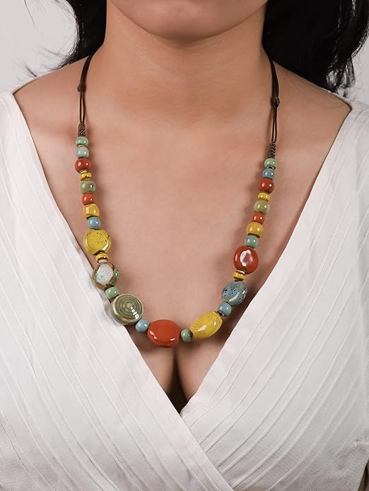 MINACHI Boho Hippie Round Ceramic Beads Strand Necklace, Vintage Bohemian Summer Beach Jewelry Gift for Women