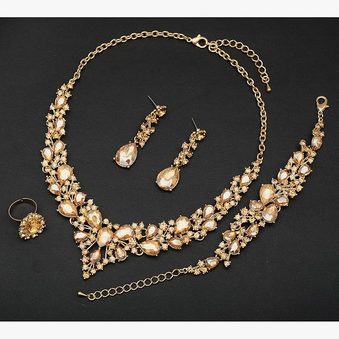 CSY 4 Pcs/Set Austrian Crystal Necklace Earrings Bracelet Ring Bridal Jewelry Sets for Brides Wedding Party Costume Accessories Gifts for Women