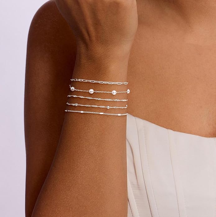 MBW Gold Bracelets for Women Trendy, Dainty 14K Gold Plated Bracelet Stack Beaded Chain Bracelet Set Thin Small Cute Paperclip Bracelets Fashion Waterproof Jewelry Gift Gold Accessories for Women
