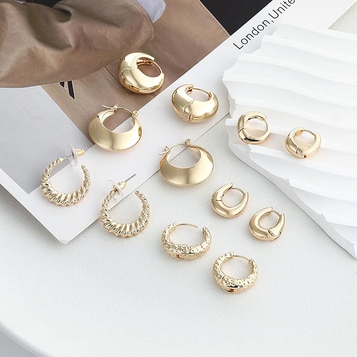 Wgoud 6 Pairs Gold Hoop Earrings Set for Women, 14K Gold Plated Hypoallergenic Lightweight Chunky Open Huggie Hoops Earrings Jewelry for Gifts.