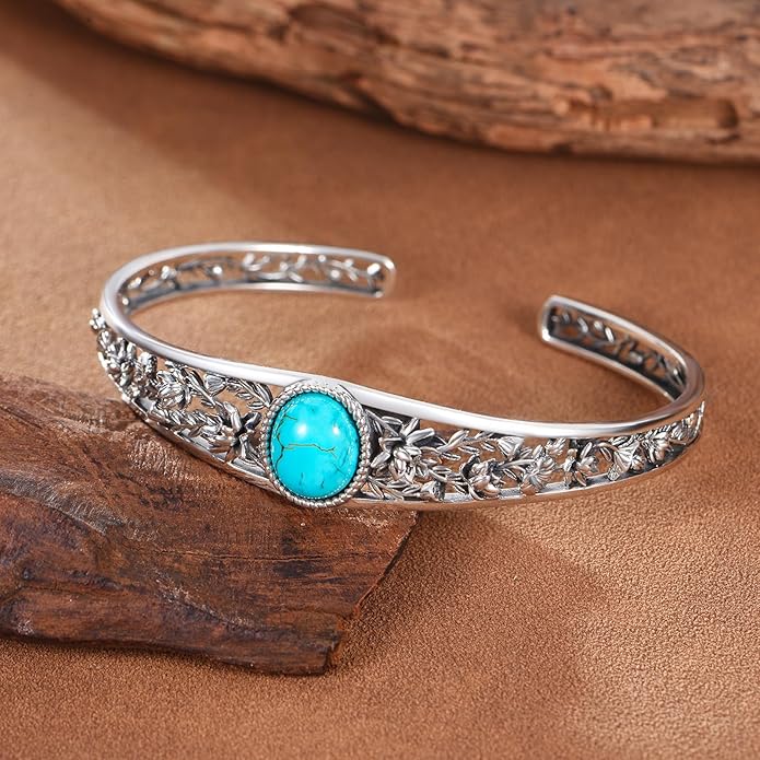Genuine Turquoise Cuff Bracelet for Women, Sterling Silver Western Vintage Floral Bangle Native American Jewelry, For 6.5-7.5 Inch Wrists