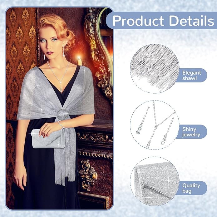 Hicarer 5 Pcs Dressy Jewelry Sets, Silver Shawls and Wraps, Clutch Purse for Homecoming Prom Evening Women Formal