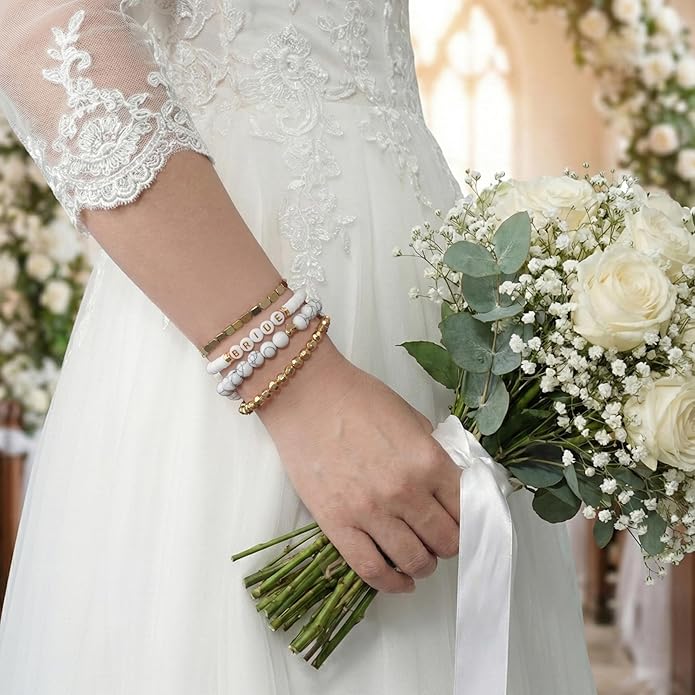 Bride Beaded Bracelet, Weeding Clay Bracelets for Women Stackable Gold Plated, Stretch Bracelets Elastic Layering Friendship Set Boho Jewelry, Gift for Family, Friends