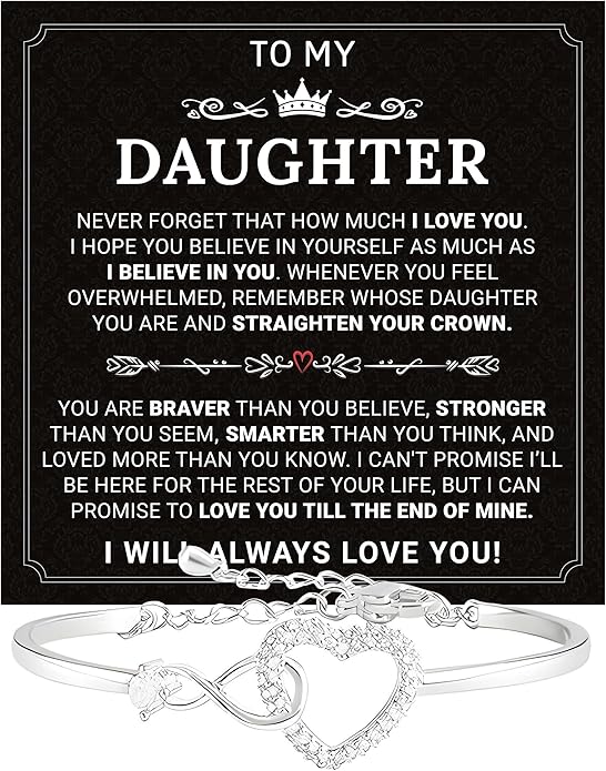 Daughter Infinity Heart Bracelet, Daughter Jewelry Gift From Mom or Dad with Message Card and Box Meaning