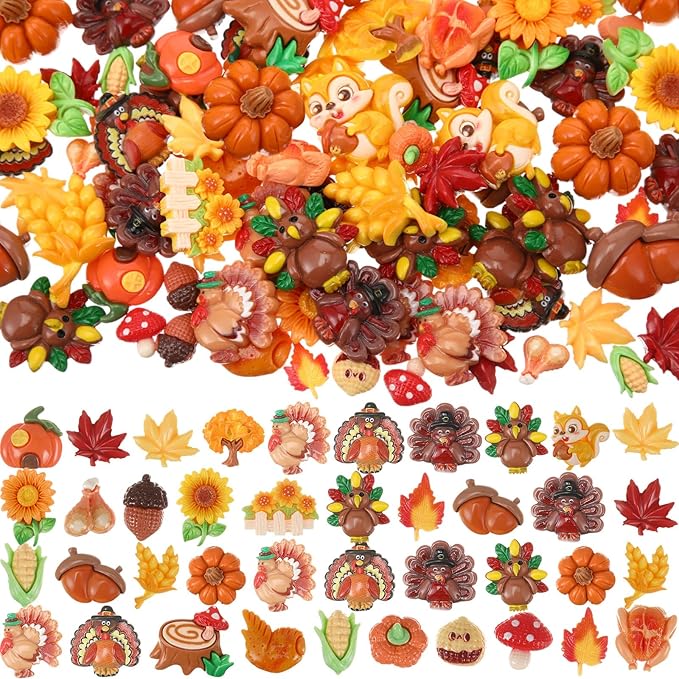 Giegxin 40 Pcs Thanksgiving Resin Charm Fall Autumn Pumpkin Turkey Squirrel Maple Leaf Acorn Wheat Flatback Cabochon Accessories Cute Embellishment Bulk for Jewelry Cellphone Case Scrapbooking DIY