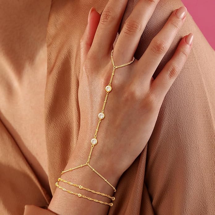 Valentine Gift 14K Gold Plated Hand Chain Bracelet for Women Trendy, 2 Pcs Stackable Gold/Silver Finger Ring Bracelet Hand Chain Dainty Non Tarnish Waterproof Set Jewelry Adjustable 7'+2
