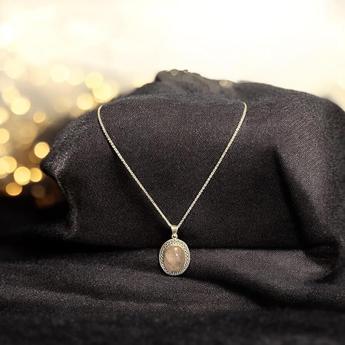 Sterling Silver Necklace with Rose Quartz Teardrop Pendant, Beaded Frame Design, Delicate Chain