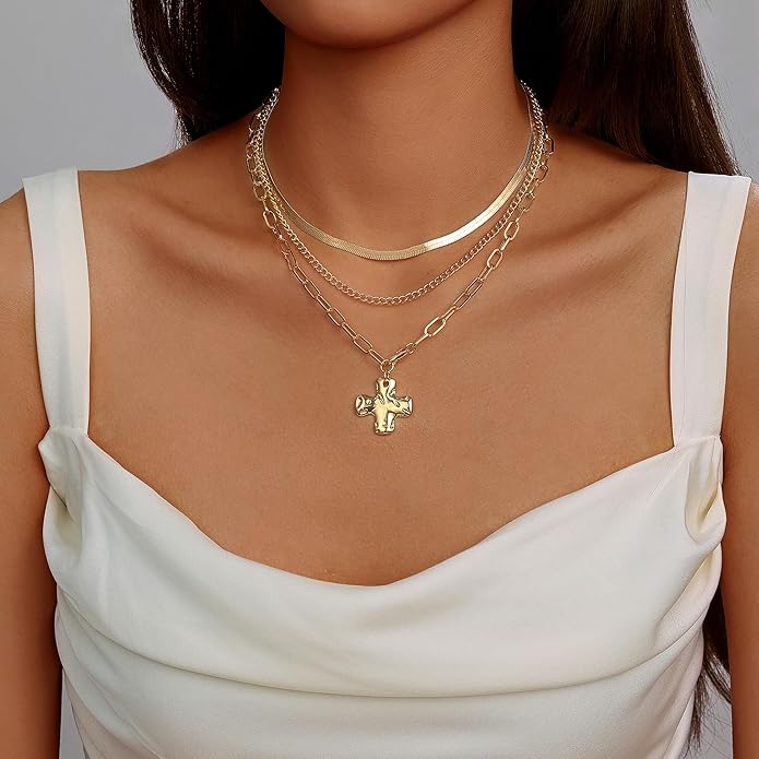 Evabelle Gold Layered Necklace for Women Trendy Jewelry 14K Real Gold Plated Chunky Chain Stackable Necklaces Dainty Choker Necklaces Rectangle Square Pendant