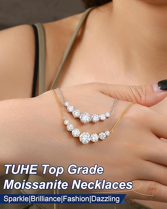 TUHE 7 Stones Moissanite Necklace for Women, 1.7-5.0 Carat Smile Moissanite Pendant Necklace 18k Gold Plated Sterling Silver 16.5+2.5 inch Box Chain Tennis Necklaces with Certificate of Authenticity