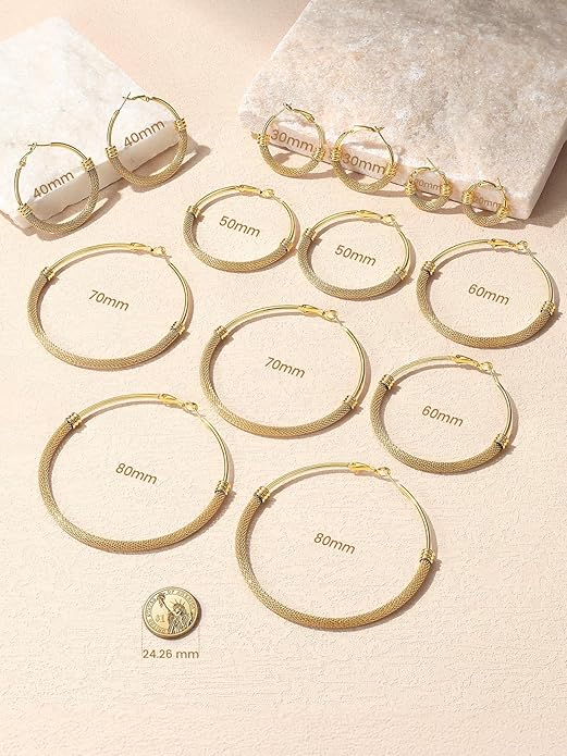 KeyStyle Mesh Hoop Earrings for Women, Stainless Steel Gold Hoops Earring Lightweight Loops, 2MM Thick Hypoallergenic Circle Endless Hollow Hoop 20mm-80mm