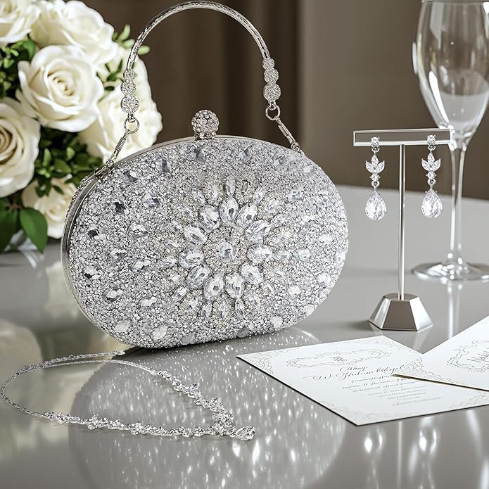 Quelay 4 Pcs Purse Rhinestone Jewelry Set Evening Clutch Bag Bling Crystal Necklace Dangle Earrings Bracelets Accessories