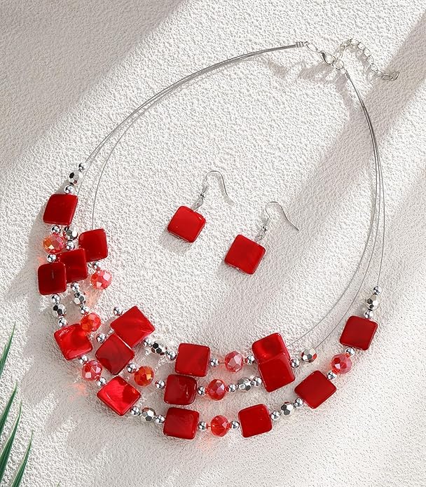Layered Beaded Statement Necklaces for Women Square Shell Bead Collar Necklace and Earring Set Birthday Gifts Boho Jewelry Sets for Women