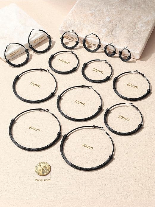 KeyStyle Mesh Hoop Earrings for Women, Stainless Steel Gold Hoops Earring Lightweight Loops, 2MM Thick Hypoallergenic Circle Endless Hollow Hoop 20mm-80mm