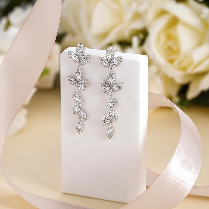 EAMTI Silver Dangle Earrings for Women Cubic Zirconia Marquise Bridal Wedding Earrings 925 Sterling Silver Post Engagement Earring