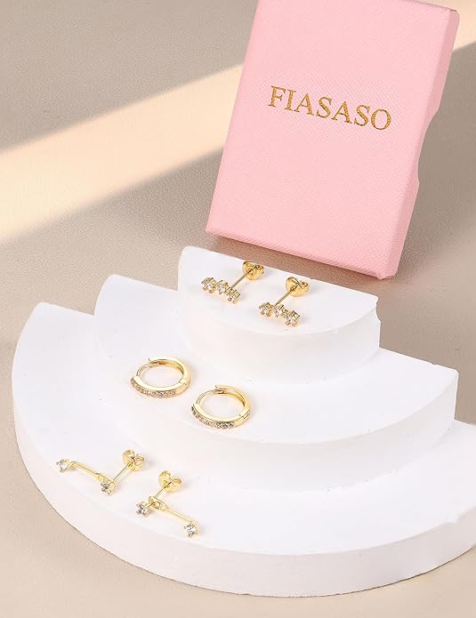 FIASASO 3 Pairs 925 Sterling Silver Hypoallergenic Earrings for Women Trendy - 14K Gold Plated Stud Hoop Cartilage Earrings Set Small Earring Stacks for Sensitive Ears Non Tarnish Dainty Silver Earring