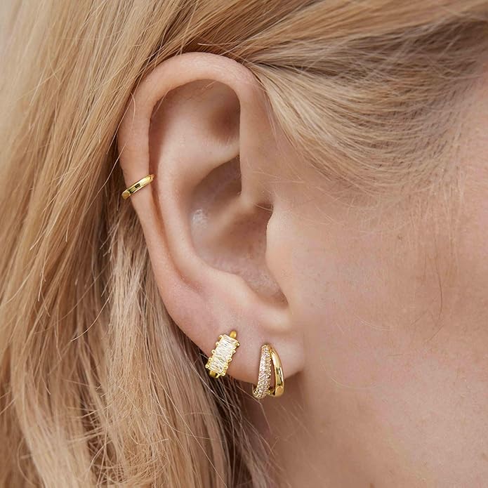 4Pairs Statement Gold Hoop Earrings for Women Trendy,Surgical Steel Gold Plated Hoop Hypoallergenic Earrings Set,Titanium Hoops Earring Stacks,CZ Cartilage Huggie Hoops Earring Gifts for Girlfriend