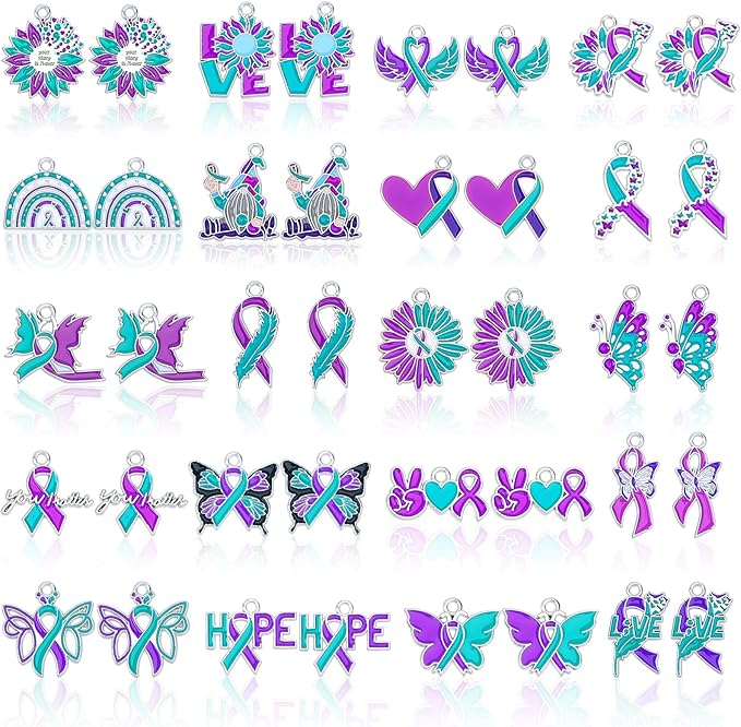 MARFOREVER 40 Pcs/20 Pairs Suicide Awareness Charms, Suicide Prevention Charms Teal Purple Ribbon Pendant for Bracelet Necklace Earrings Making Accessories