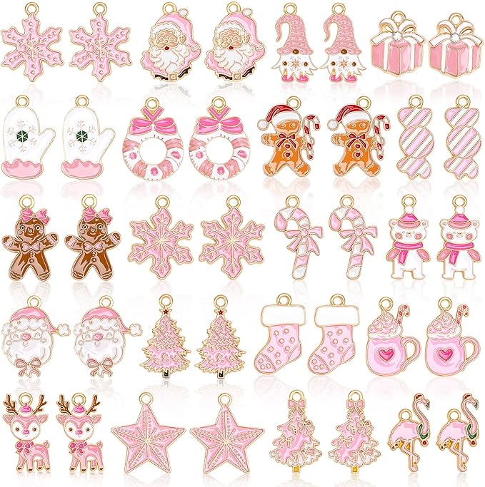 MARFOREVER 40 Pcs/20 Pairs Christmas Charms for Jewelry Making, Pink Christmas Enamel Charm Holiday Xmas Bangle Pendants for Bracelet Necklace Earrings Making Accessories
