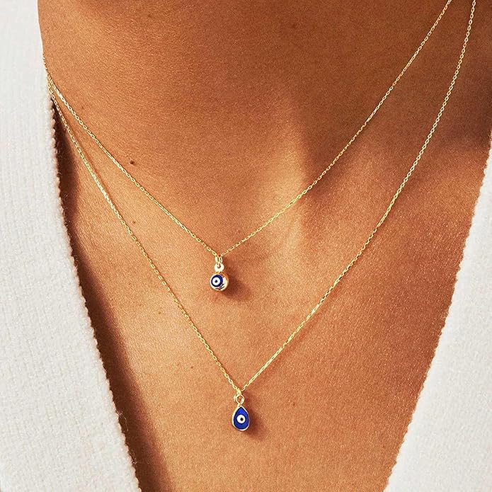 Evil Eye Necklace for Women 14K Gold Plated Delicate Necklaces Blue White CZ Diamond Pendant Necklace Cute Boho Tiny Evil Eye Lucky Protection Jewelry Gift for Women