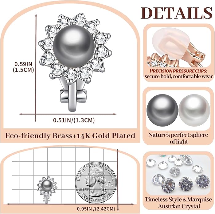 EVEVIC Austrian Crystal Pearl Clip On Earrings for Women Non Pierced Earings 14K Gold Plated Hypoallergenic Jewelry
