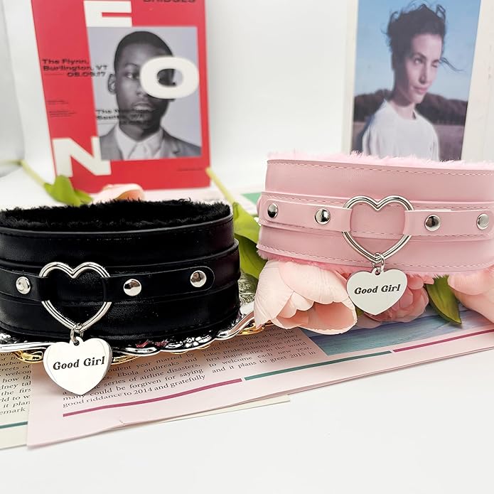 paloli Furry Heart Leather Choker Collar for Women – Personalized Engraved Heart Pendant, Handmade Adjustable Faux Fur Necklace, Cute Gothic Fashion Jewelry