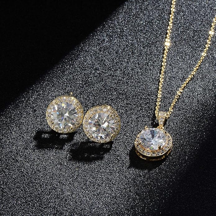 Bridal Crystal Jewelry Set - Sterling Silver Round Cubic Zirconia CZ Rhinestone Halo Birthstone Pendant Necklace Stud Earrings Set for Wedding Bride Bridesmaids Birthday Gift