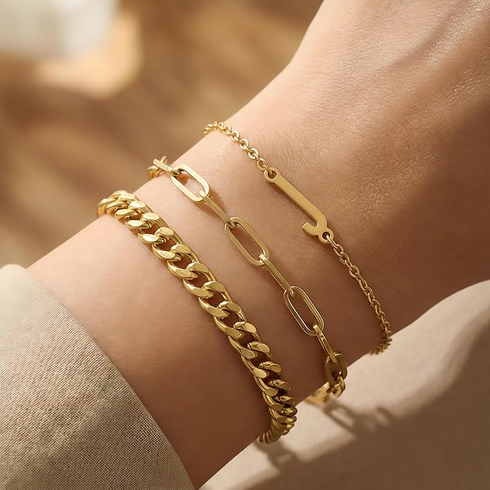 14K Gold Plated Bracelets for Women, A–Z Initial Charm Bangles Jewelry Set, Elegant Gold Accessories, Friendship Bracelet Gifts for Mom