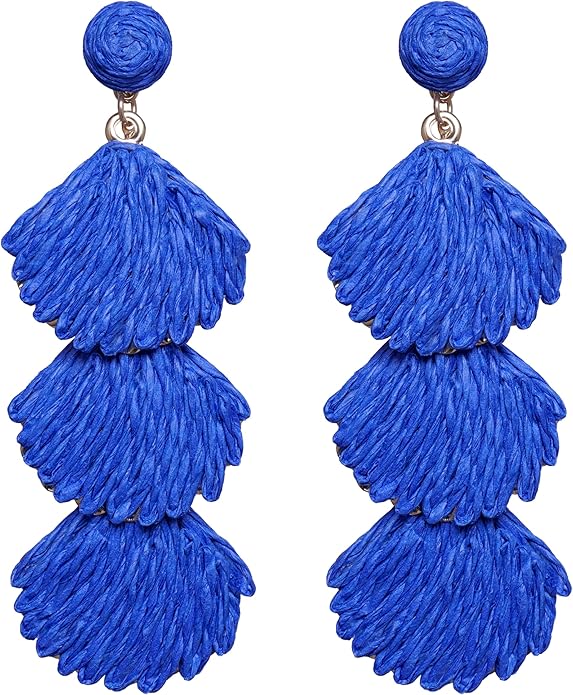 Raffia Dangle Earrings for Women - Boho Statement Rattan Drop Jewelry with Shell Design, Lightweight Summer Beach Trendy Accessories