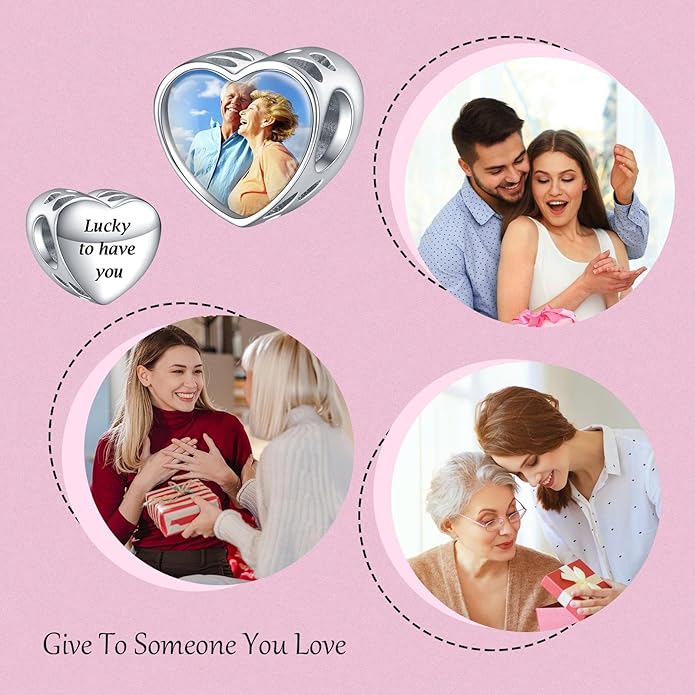 Annmors Personalized Photo Charms For Bracelets/Necklace 925 Sterling Silver Love Heart Shaped Engraved Customize Picture Gift for Birthday Mother's Day,Bead Charms Jewelry for Women