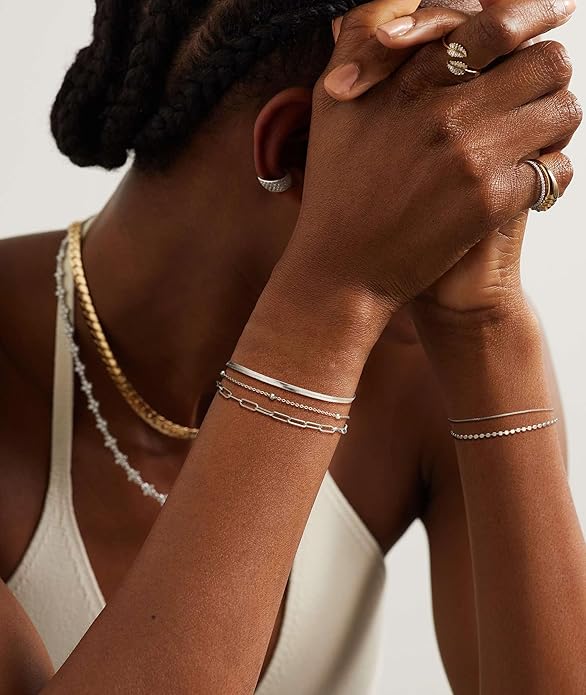 DEARMAY Dainty Silver Plated Bracelets for Women Trendy, Silver Jewelry Set for Women Bracelets for Women Paperclip Box Herringbone Figaro Rope Chain Bracelet Fashion Pack Gifts for Women