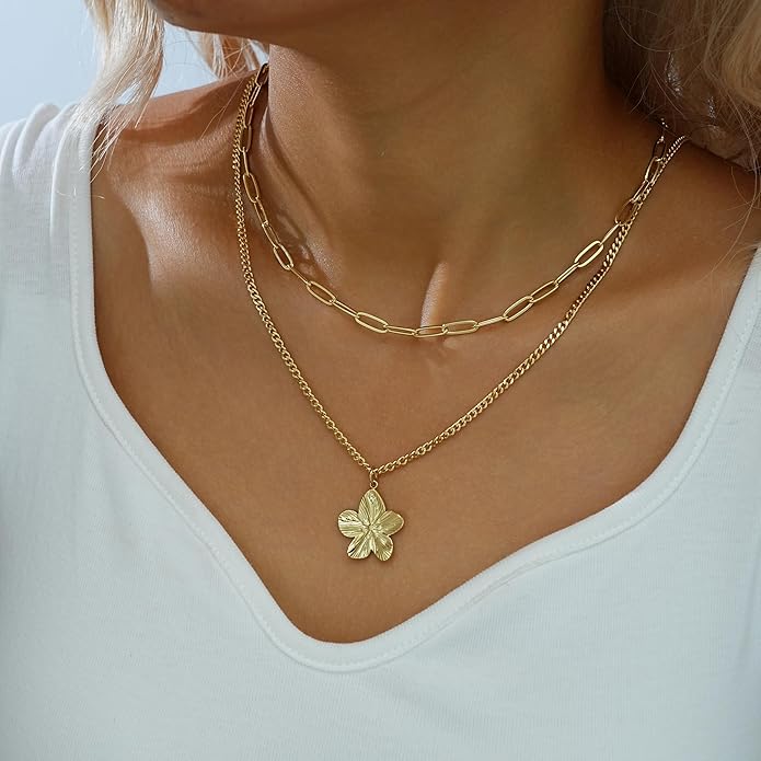 YEEZII Layered Gold Necklaces for Women Trendy, 3 Pcs 14K Gold Plated Choker Paperclip Box Chain Necklace, Stackable Women's Gold Pendant Necklaces Jewelry Set