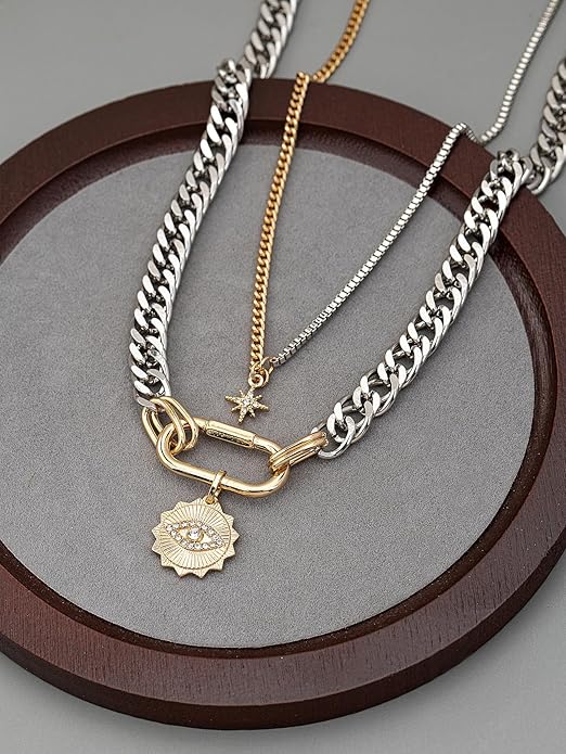 Valentines Day Gifts for her,Gold Statement Necklace,Muliti Layered Necklaces for Women,Chunky Two Tone Mixed Metal Necklace Set with Charm Pendant, Paperclip Stacked Chain, Trendy Coin Jewelry Gift for Her Gifts for Chrismas