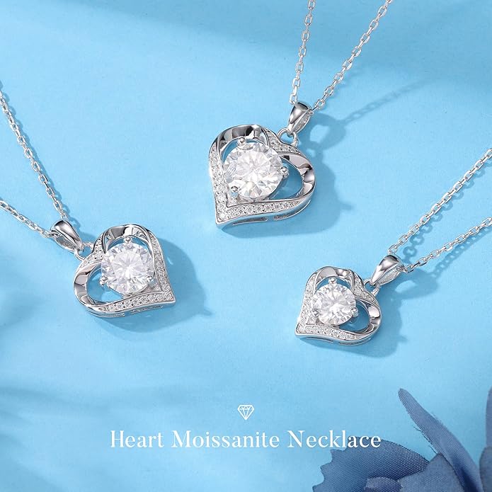 MOOSEA Valentines Day Gifts for Her - 925 Sterling Silver Heart Moissanite Pendant Necklace 1-3 Carat VVS1 Clarity Moissanite, Anniversary Birthday Gift for Women Mom Wife Girlfriend