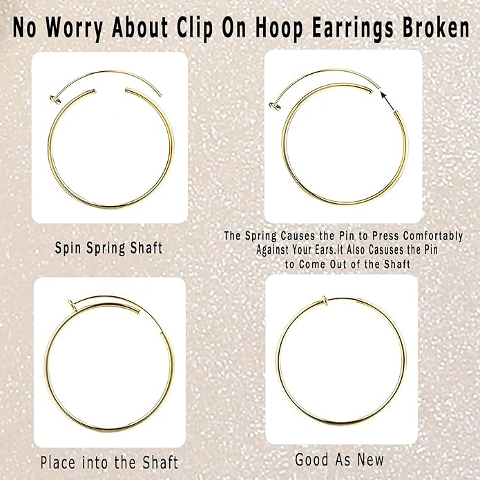 Clip On Hoop Earrings for Women Non Pierced Ears,Gold Clip On Earrings Non Piercing Big Stainless Steel Fake Hoops Lightweight 30-60mm