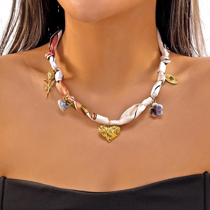 RINHOO FRIENDSHIP Silk Scarf Necklace for Women - Adjustable Boho Vintage Bandana Choker with 18K Non-Tarnish Gold Charms (Assorted Pendants & Patterns) Layered Jewelry Gift Box