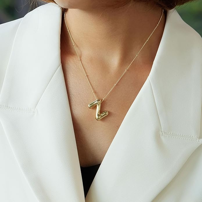 Inerney Valentines Day Gifts Gold Bubble Letter Necklace Initial Necklaces for Women, Chunky 14K Plated Balloon Initials, Trendy Charm Non Tarnish Custom Name Pendant Jewelry Gifts for Mom