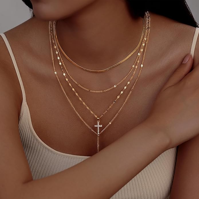 Evabelle Gold Layered Necklace for Women Trendy Jewelry 14K Real Gold Plated Chunky Chain Stackable Necklaces Dainty Choker Necklaces Rectangle Square Pendant