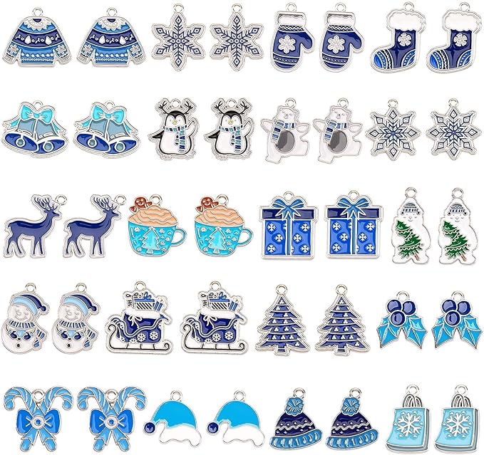 MARFOREVER 40Pcs/20 Pairs Winter Charms, Christmas Winter Charms for Jewelry Making, Snowflake Snowman Polar Bear Penguin Enamel Charm Pendants for Bracelet Necklace Earrings Making Accessories