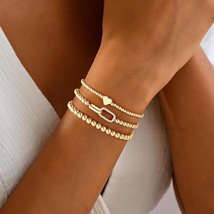 Turandoss Gold Bracelets for Women - Dainty 14K Gold Plated Bow Cross Beaded Bracelets for Women Stackable Heart Bead Bracelet Set Wave CZ Round Ball Bracelet Valentine's Day Gifts for Her