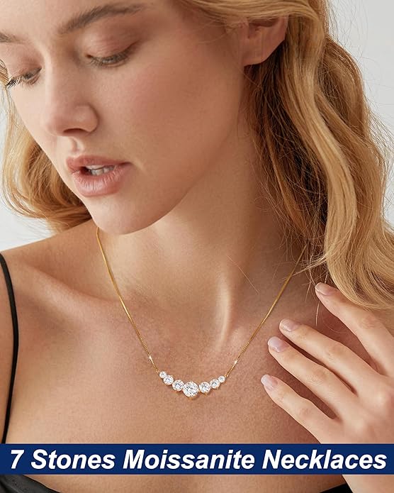 TUHE 7 Stones Moissanite Necklace for Women, 1.7-5.0 Carat Smile Moissanite Pendant Necklace 18k Gold Plated Sterling Silver 16.5+2.5 inch Box Chain Tennis Necklaces with Certificate of Authenticity
