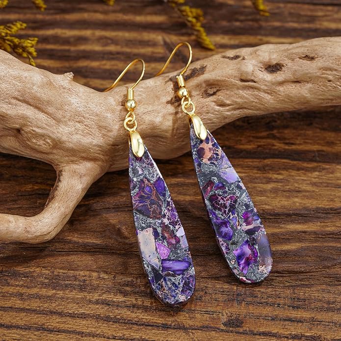 Boho Women Natural Stone Earrings Unique Healing Imperial Jasper Gemstone Energy Hypoallergenic Lightweight Dangle Drop Earrings Multiple Styles Earrings Jewelry for Birthday Party Gift