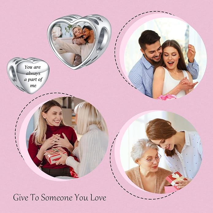 Annmors Personalized Photo Charms For Bracelets/Necklace 925 Sterling Silver Love Heart Shaped Engraved Customize Picture Gift for Birthday Mother's Day,Bead Charms Jewelry for Women