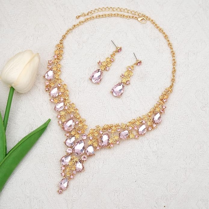 CSY Elegant Crystal Costume Jewelry Sets Flower Bridal Necklace Earrings Stretch Bangle Set for Bride Bridesmaid Wedding Dress Accessories