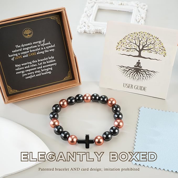Copper Magnetic Bracelet for Men, Copper Bracelet with 3500 Gauss Magnetic Beads Cooper Christian Cross Jewelry Parents Anniversary Pulsera de Cobre Para Hombres Husband Valentines Day Gifts